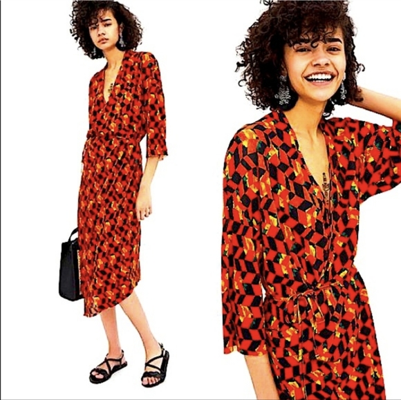 Zara Wrap Dress Geometric Red & Black Polyester Size Small - Picture 1 of 5